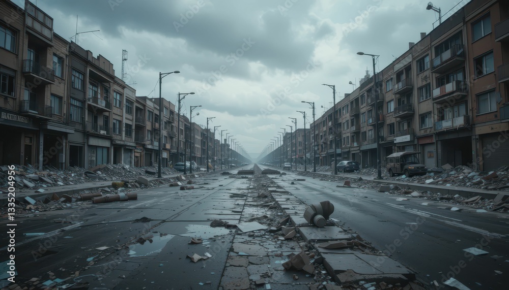 Fototapeta premium Abandoned Cityscape After Catastrophe with Debris and Clouds