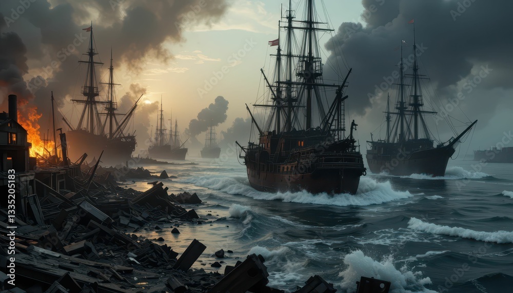 Obraz premium Dramatic Scene of Historic Ships Navigating Stormy Waters at Dawn