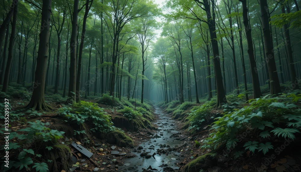 Obraz premium Serene Forest Landscape with Misty Atmosphere and Green Foliage