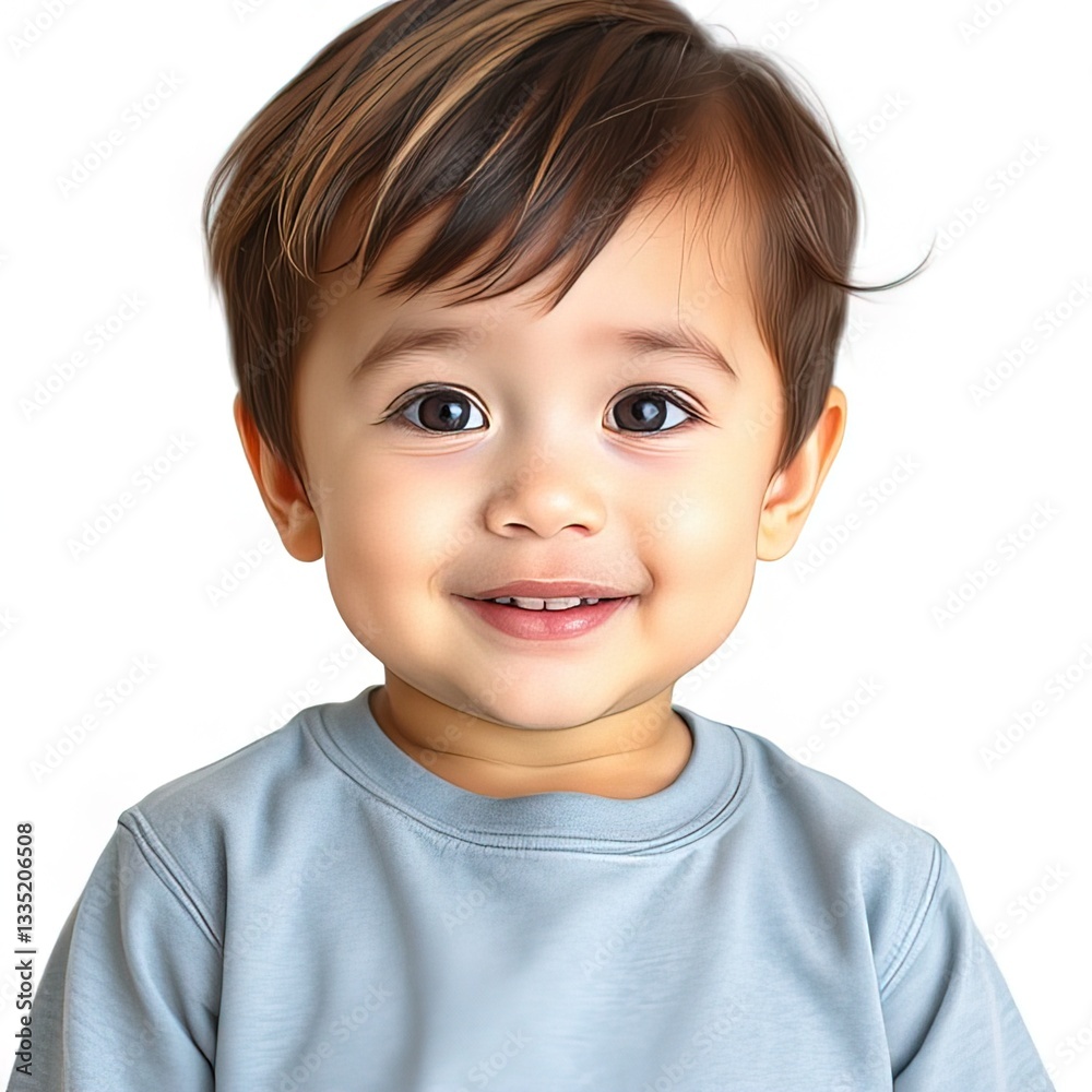 Happy toddler smiling in a light blue shirt with short hair Happy toddler smiling in a light blue shirt with short hair