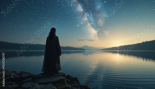 Serene Figure Contemplating Starry Night Above Calm Lake Landscape