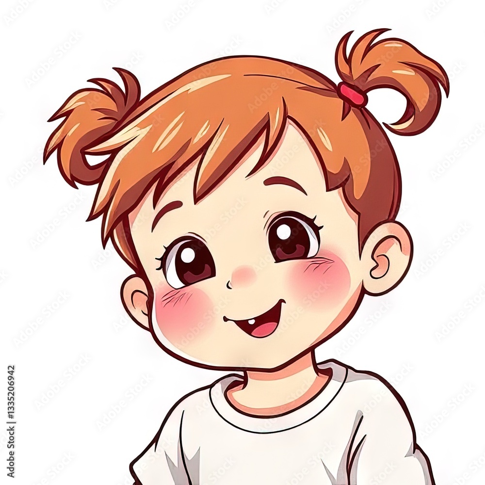 Cute young girl with pigtails smiling joyfully and wearing a white shirt Cute young girl with pigtails smiling joyfully and wearing a white shirt