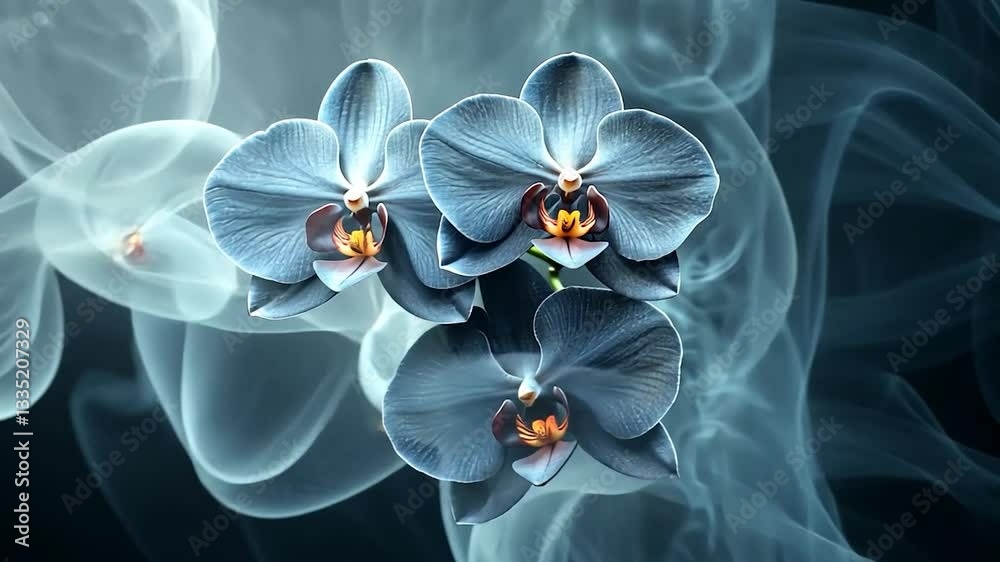Elegant black orchids with smoky background, creating a serene atmosphere