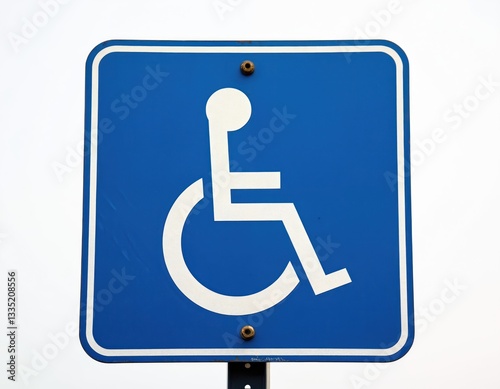 Blue sign with wheelchair symbol indicates parking for disabled individuals. Represents accessibility, inclusion, convenience in public spaces, healthcare. Design promotes awareness, fairness for