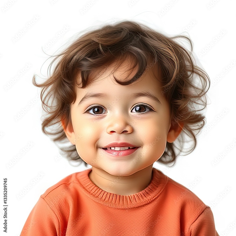 Child with curly hair smiling in bright orange sweater indoors