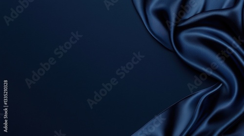 A deep blue satin fabric with a smooth, flowing texture is draped in a way that creates a sense of movement and elegance.