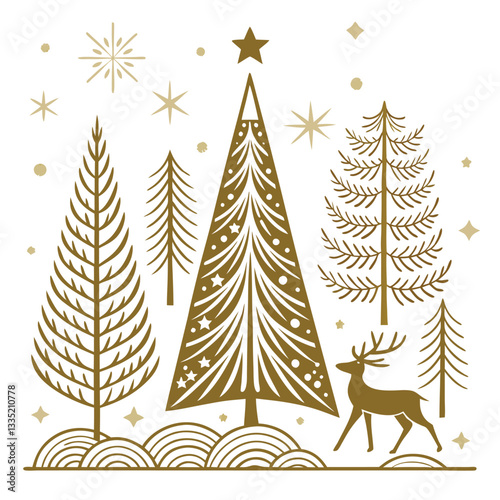 Golden Christmas Forest: A festive illustration of a stylized forest scene with gold Christmas trees, a reindeer, stars, and snowflakes, perfect for holiday greetings and designs.