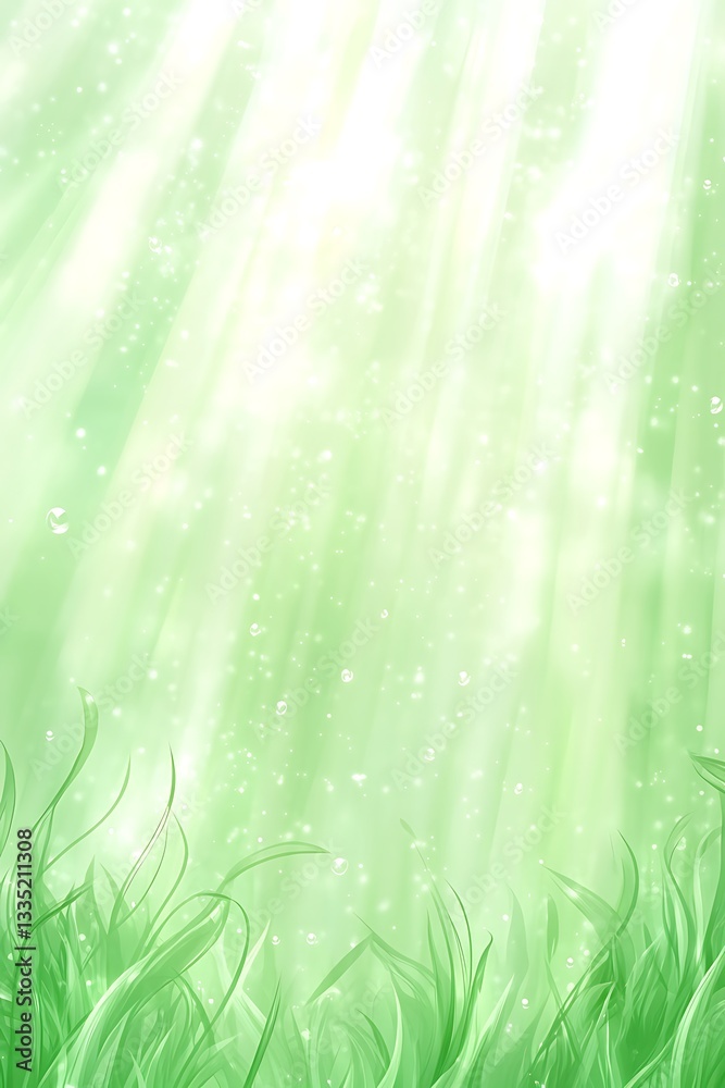 Obraz premium Enchanting Green Field with Sparkles and Beams of Light Background