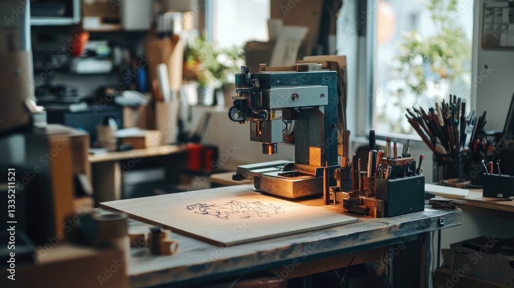 Cozy workshop scene showcasing a well-used engraving machine with creative tools and natural light streaming in through the window Cozy workshop scene showcasing a well-used engraving machine with creative tools and natural light streaming in through the window