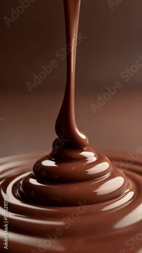 Delicious chocolate pouring in smooth, rich waves creating enticing patterns on a surface