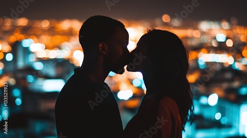 A couple sharing a kiss, with a blurred background of a city at night