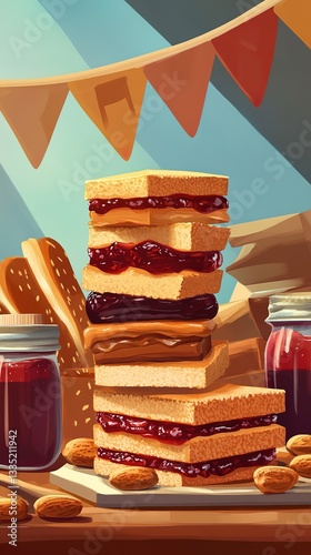 Stacked peanut butter and jelly sandwiches on a wooden table with nuts and jam jars, under decorative flags, great for food, dining, and inviting themes.