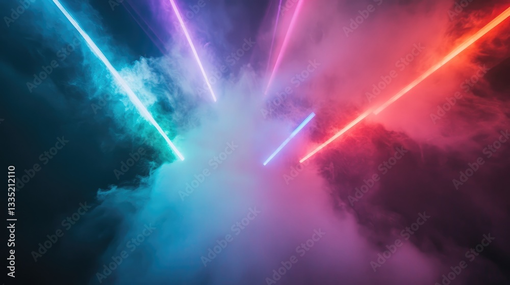 Obraz premium Colorful Laser Beams Cutting Through Misty Clouds in a Dramatic Night Sky Scene