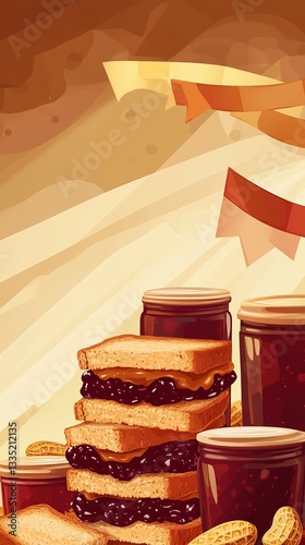 Stacked peanut butter and jelly sandwiches beside nuts and jam jars with decorative ribbons in the background, fitting for food, snack, and appealing themes.