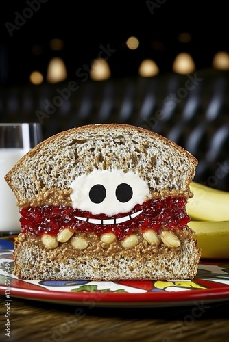 Cartoon - styled sandwich decorated with peanut butter, jam, and other elements, next to bananas, great for fun and food - themed visuals.