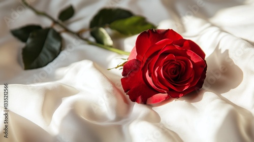 A single, perfect red rose lying on a white silk sheet, soft window light illuminating the petals