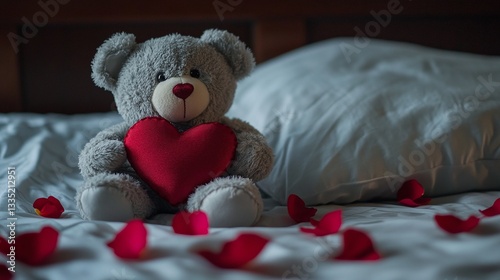 A Valentines teddy bear holding a red heart, sitting on a bed, with rose petals scattered around