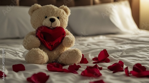 A Valentines teddy bear holding a red heart, sitting on a bed, with rose petals scattered around