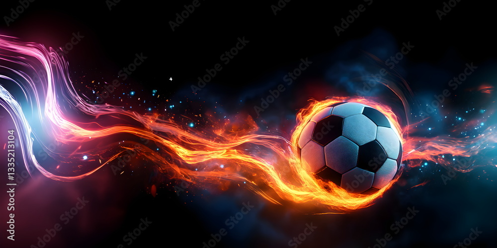 Fototapeta premium Soccer ball flying in the air, burning with bright tongues of fire on a black background. Epic goal. World Cup. International football match. Creative concept of professional sports and recreation, en