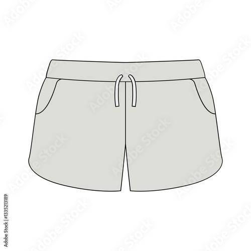 Flat sketch of light gray drawstring shorts with pockets.