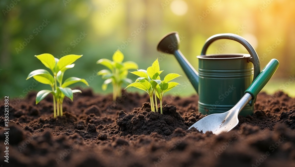 Gardening tools on freshly dug soil with a watering can and seedlings in warm natural daylight Gardening tools on freshly dug soil with a watering can and seedlings in warm natural daylight