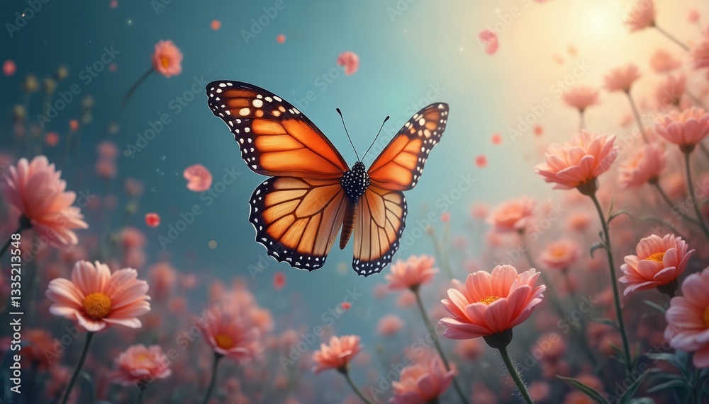 Surreal dreamy butterfly art with painterly rendering on flower meadow. Vibrant orange monarch flutters over pink daisy field in tranquil whimsical dreamlike scene. Floral fantasy for posters Surreal dreamy butterfly art with painterly rendering on flower meadow. Vibrant orange monarch flutters over pink daisy field in tranquil whimsical dreamlike scene. Floral fantasy for posters
