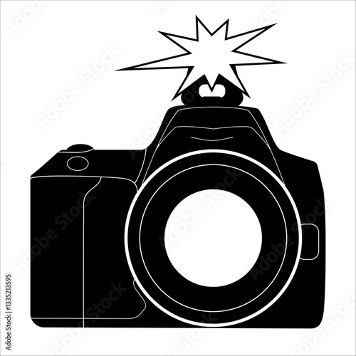 black and white stylized image of a camera with lens and flash on a white background
