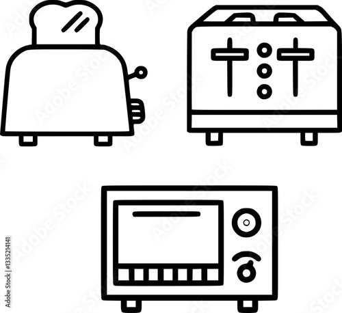 Toaster and Microwave Vector Set – Modern Kitchen Appliances, Bread Toaster, Double Slot Toaster, Microwave Oven, Cooking, Heating, Kitchenware, Household Items, Breakfast Tools