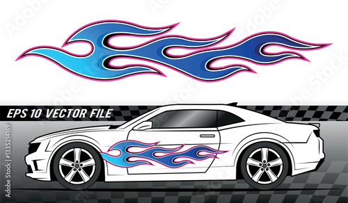 Burning tires and blue flame electric sports car decal vinyl sticker. Racing car speed fire flames vector art graphi