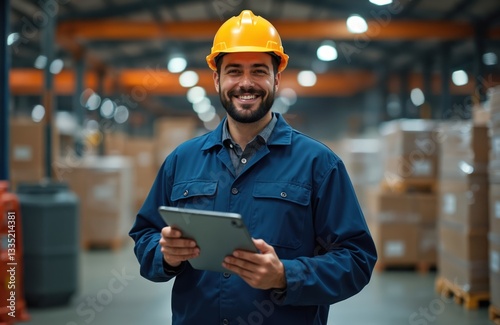 Portrait of happy pro engineer in uniform with tablet at warehouse. Inspector smiles confidently in store distributor factory, engineer on site checks merchandise, supervises shipping, ensures
