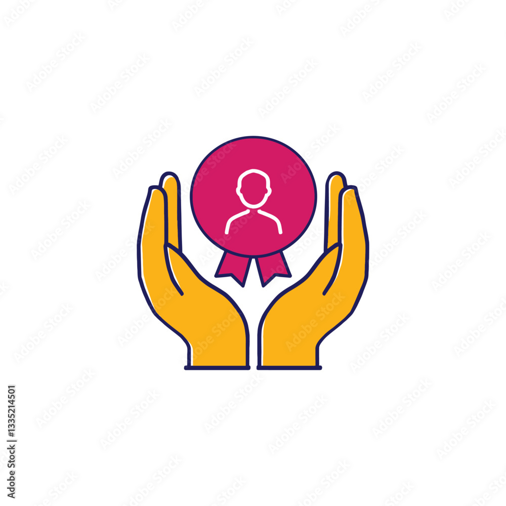 Vector Illustration Employee Recognition Dual Tone Icon Support and Recognition Icon Vector: Hands Holding Pink Badge with Ribbon Tails Vector Illustration Employee Recognition Dual Tone Icon Support and Recognition Icon Vector: Hands Holding Pink Badge with Ribbon Tails