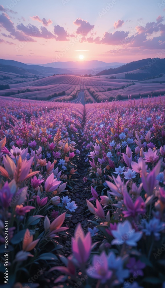 Naklejka premium Vibrant Lavender Fields at Sunset with Lush Blooming Flowers