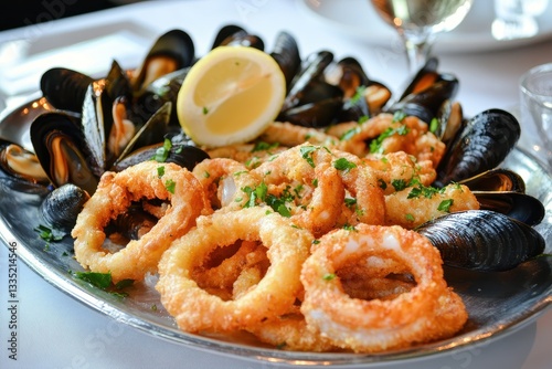 Fried calamari and baked mussels A seafood grill platter