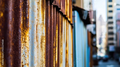Rusty Metal Sheets in Urban Alleyway with Blurred Background photo