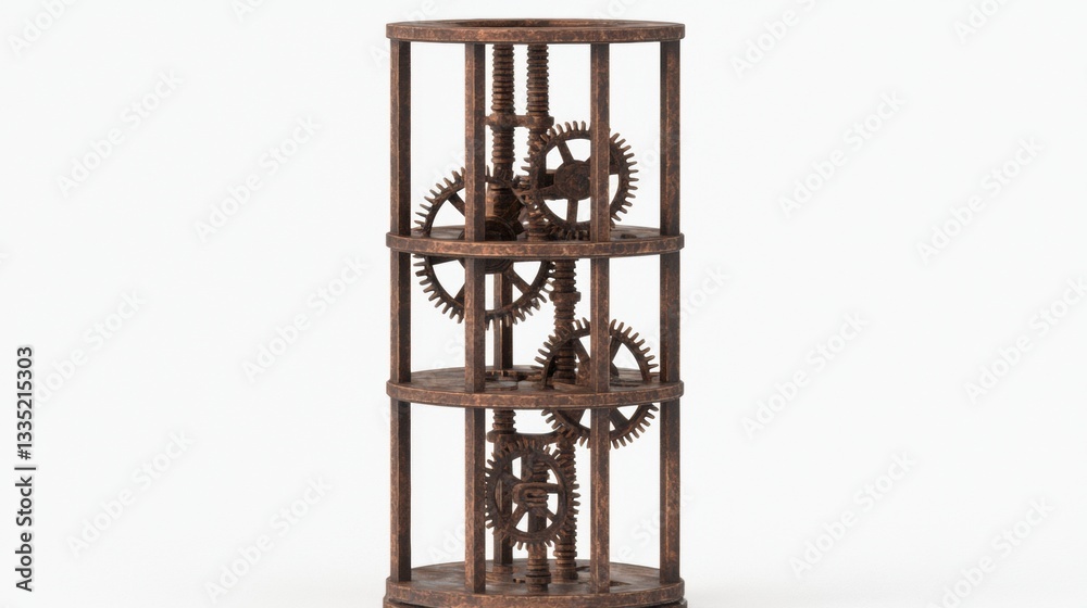 A 3D rendering of a rusty metal gear mechanism.