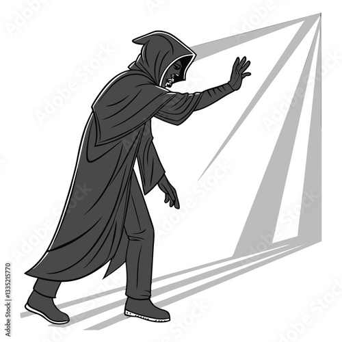 Mystery Figure and Shadows: An enigmatic figure in a hooded cloak leans against a wall, with dramatic light and shadow play casting an aura of mystery, suspense and intrigue.