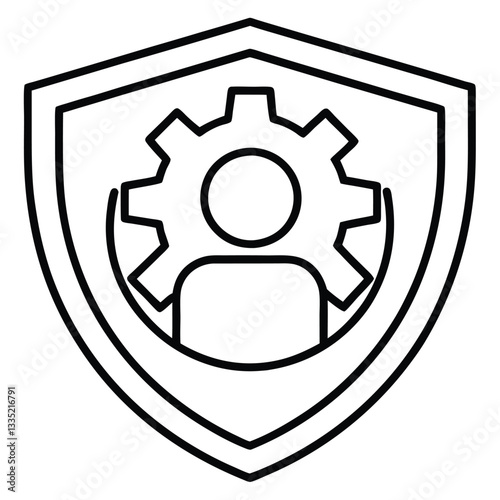 Protection of Technology: A stylized icon showcases the concept of technological protection, featuring a gear symbol nested within the outline of a person secured within a shield.