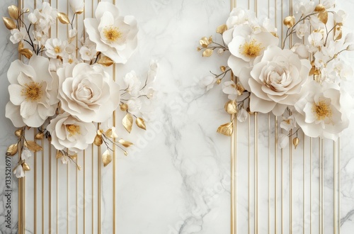 Elegant white paper flowers on marble background with gold accents