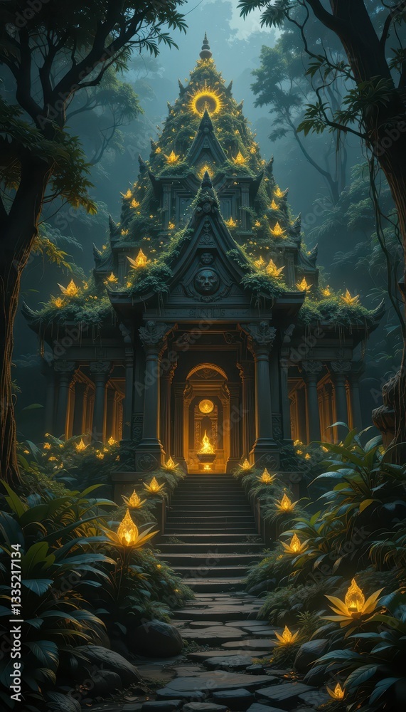 Fototapeta premium Mystical Forest Temple with Glowing Flowers and Lush Surroundings