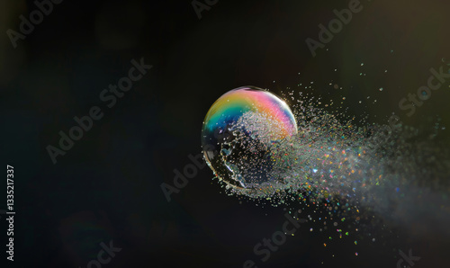 Soap bubble bursting with colorful rainbow trail, subtle grain, soft focus edges, vintage photo. Photo background for your design, blurred motion
