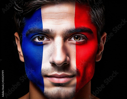 portrait of a man with the flag of france painted on his face