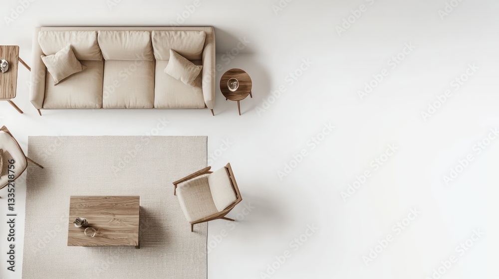 A clean, aerial view of a living room design layout showcasing soft beige sofa sketches