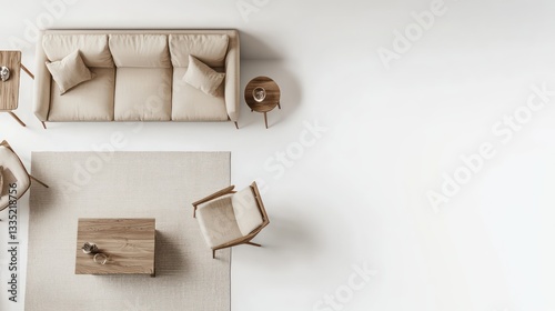 Obraz na płótnie A clean, aerial view of a living room design layout showcasing soft beige sofa sketches w salonie