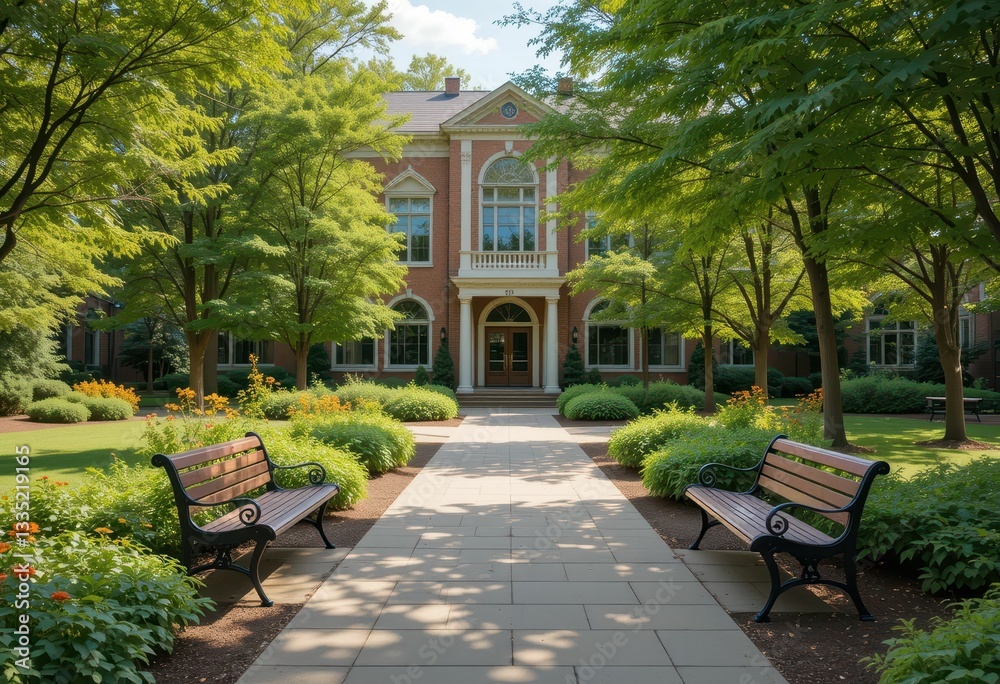 Fototapeta premium Serene Pathway in Lush Garden with Benches and Historic Building
