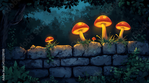 Luminous mushrooms grow on old stone wall. Whispering Mushrooms. Illustration