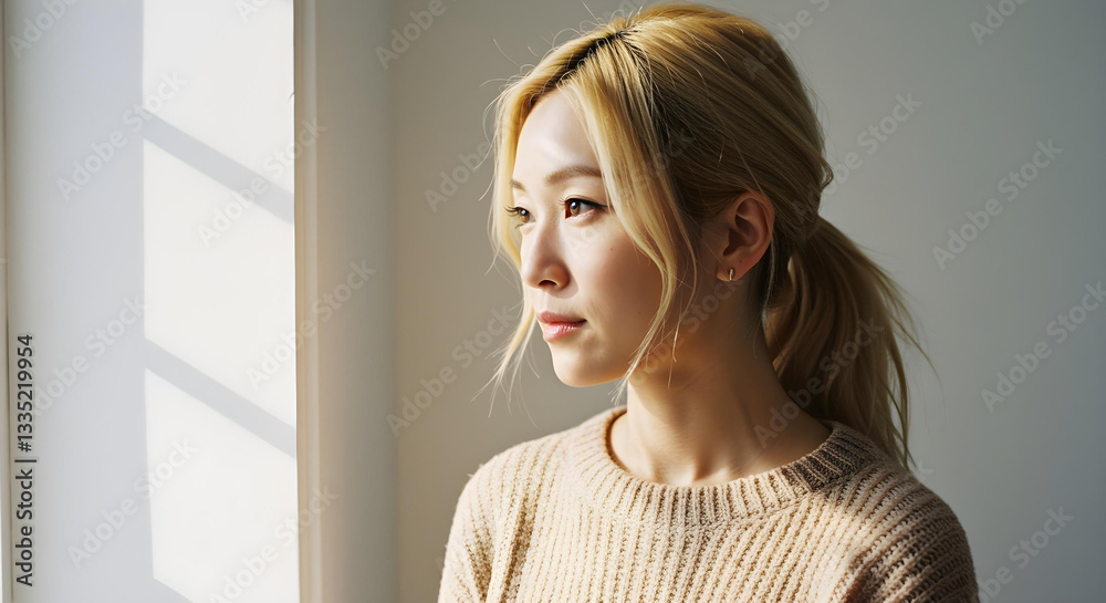 Realistic headshot of an asian woman in her 30s, blonde hair in a ponytail, casual clothes, white background create with ai Realistic headshot of an asian woman in her 30s, blonde hair in a ponytail, casual clothes, white background create with ai
