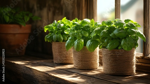 Fresh green basil plants growing in rustic flowerpots by the window