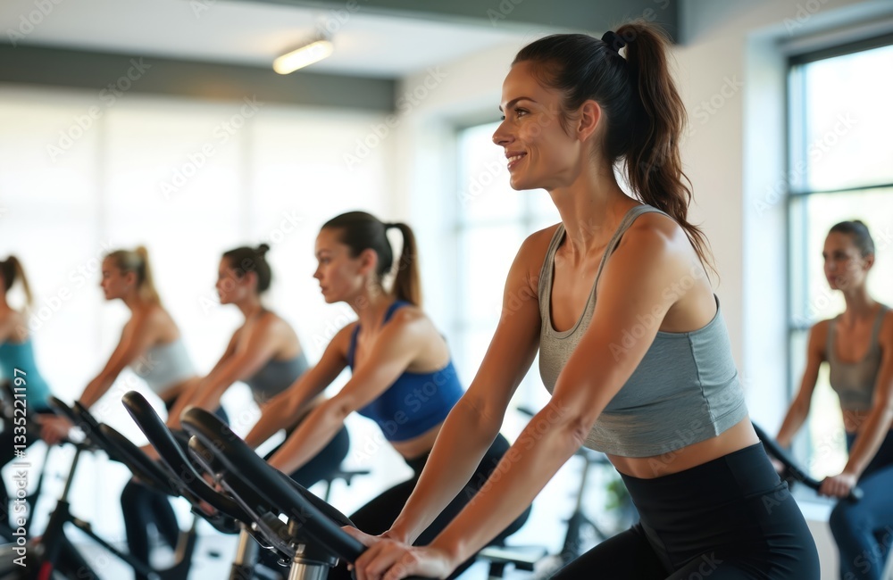 Group fitness class in gym studio. Women cardio workout with sport spinning bikes. Athletic females smiling, fun, wellness in training session. Slim girls exercise on bicycle, stay fit, healthy. Group fitness class in gym studio. Women cardio workout with sport spinning bikes. Athletic females smiling, fun, wellness in training session. Slim girls exercise on bicycle, stay fit, healthy.