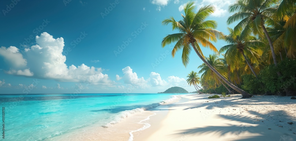 Fototapeta premium AI generated image of tropical beach with white sand, blue sea and palms. Beautiful coast landscape background, idyllic vacation in paradise with clear sky. Exotic dreamy seascape banner.