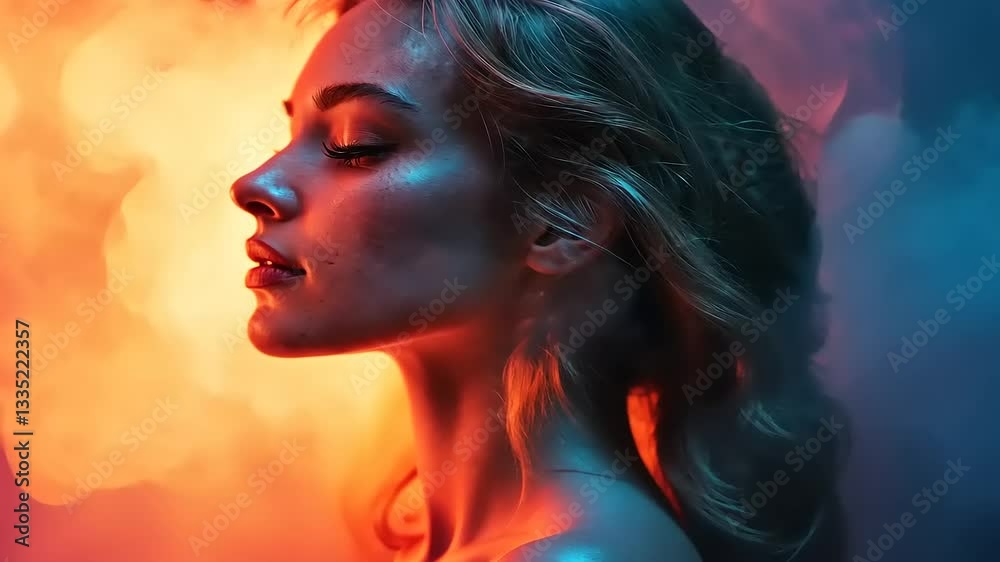Ethereal portrait of a young woman with flowing hair, surrounded by colorful smoke, evoking mystery Ethereal portrait of a young woman with flowing hair, surrounded by colorful smoke, evoking mystery